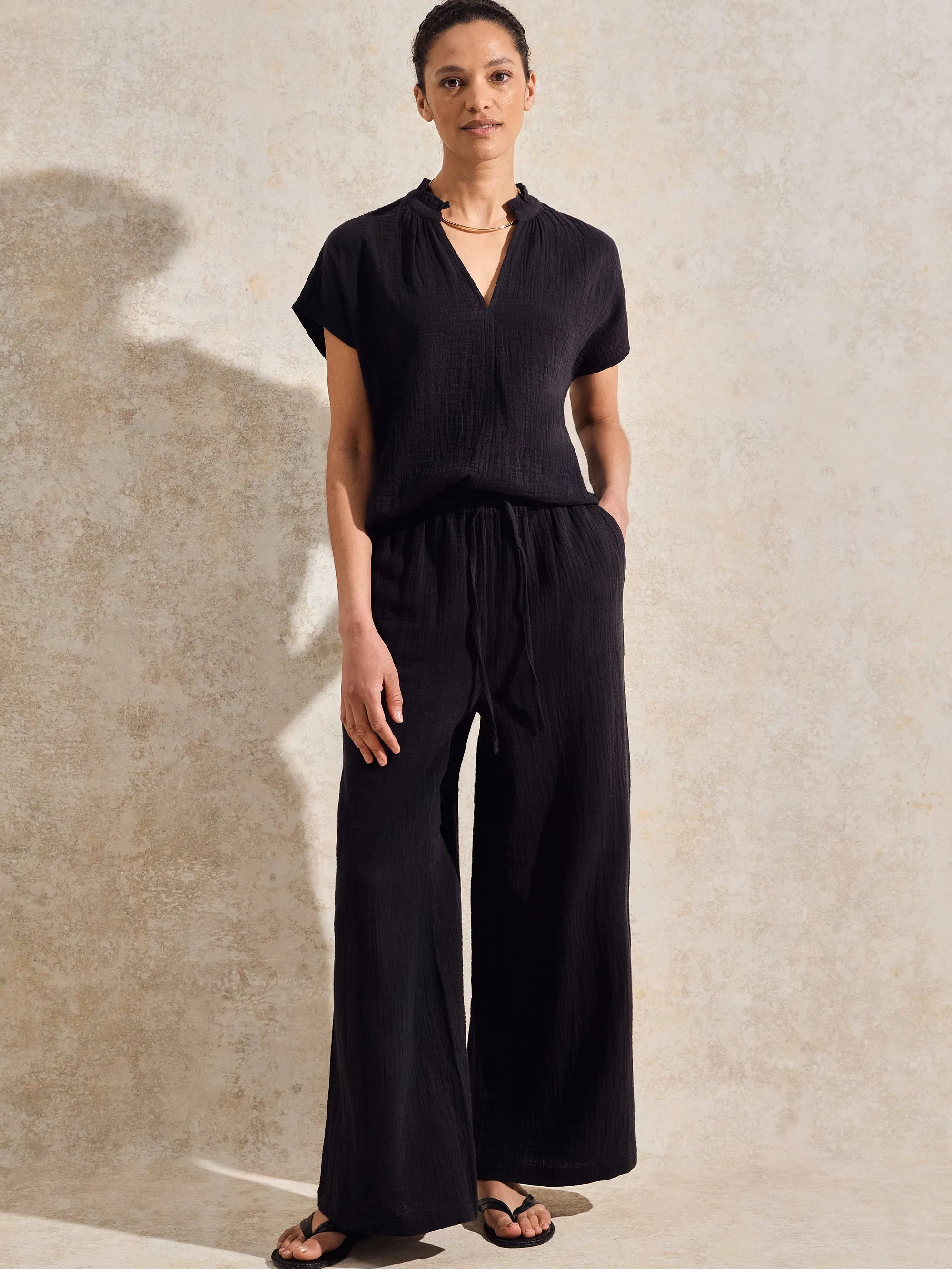 Black Cheesecloth Wide-Leg Trousers