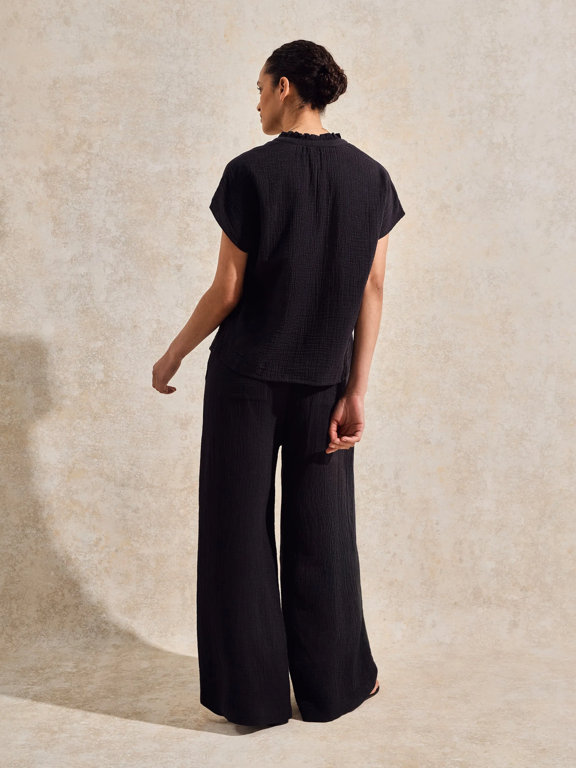 Black Cheesecloth Wide-Leg Trousers