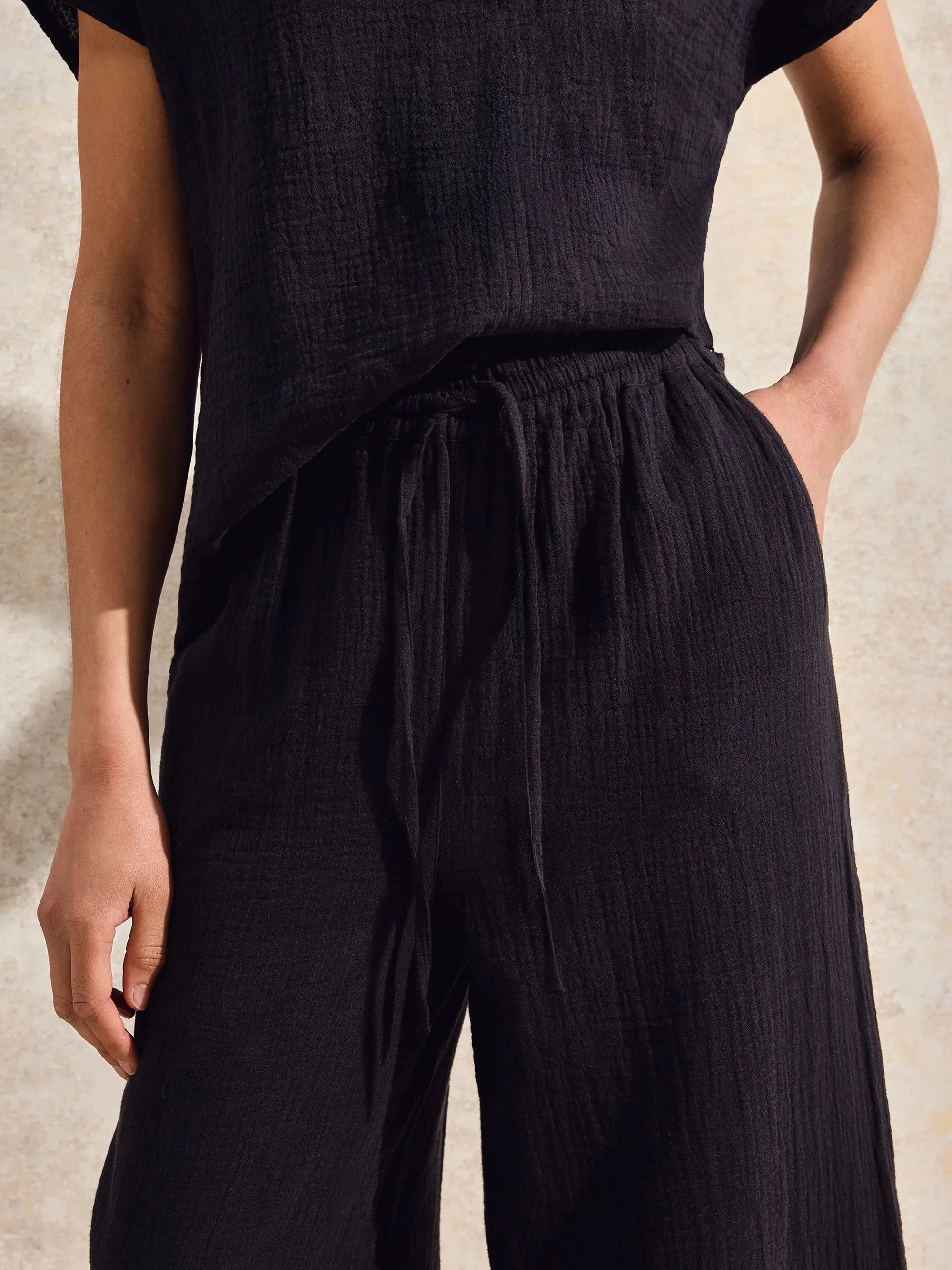 Black Cheesecloth Wide-Leg Trousers
