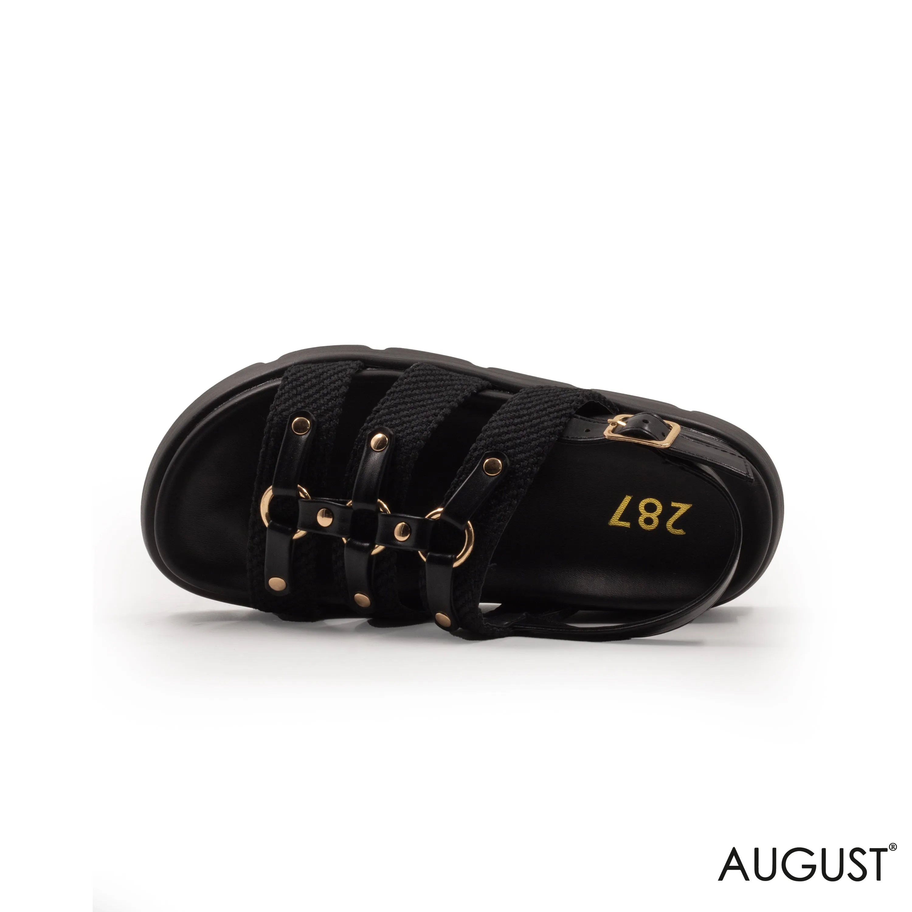 BLACK FABRIC STRAPS SANDAL WITH THICK LEATHER SOLE