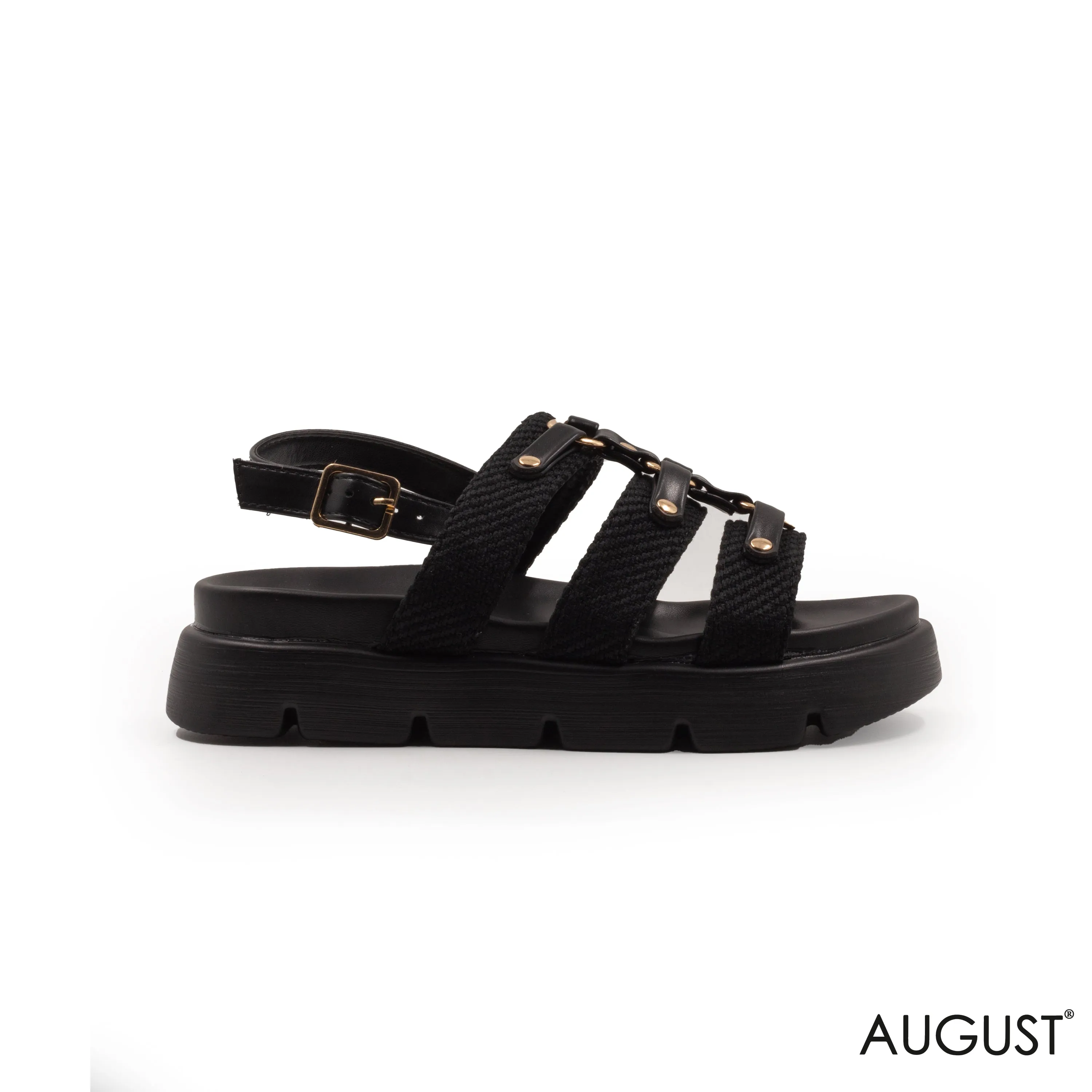 BLACK FABRIC STRAPS SANDAL WITH THICK LEATHER SOLE