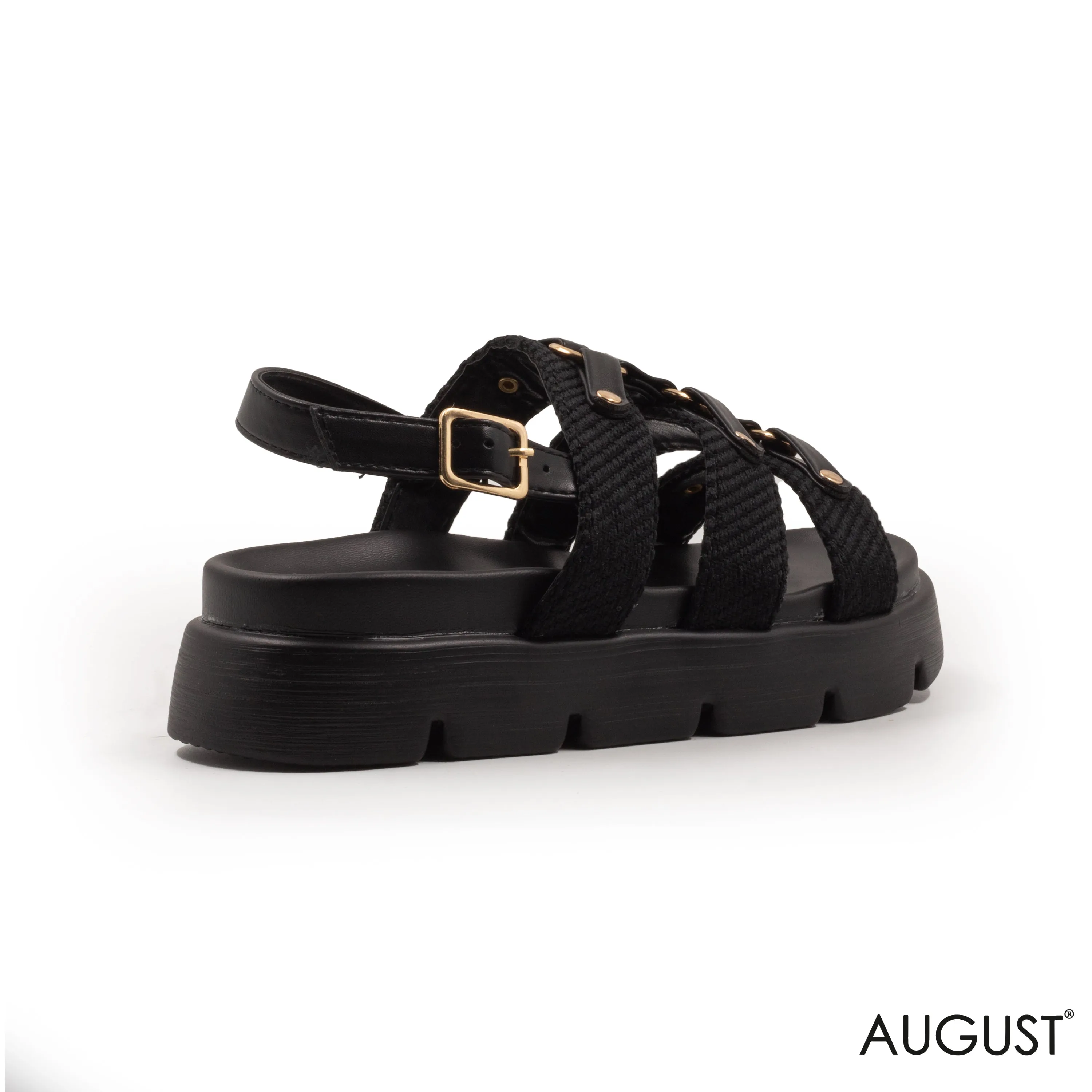 BLACK FABRIC STRAPS SANDAL WITH THICK LEATHER SOLE
