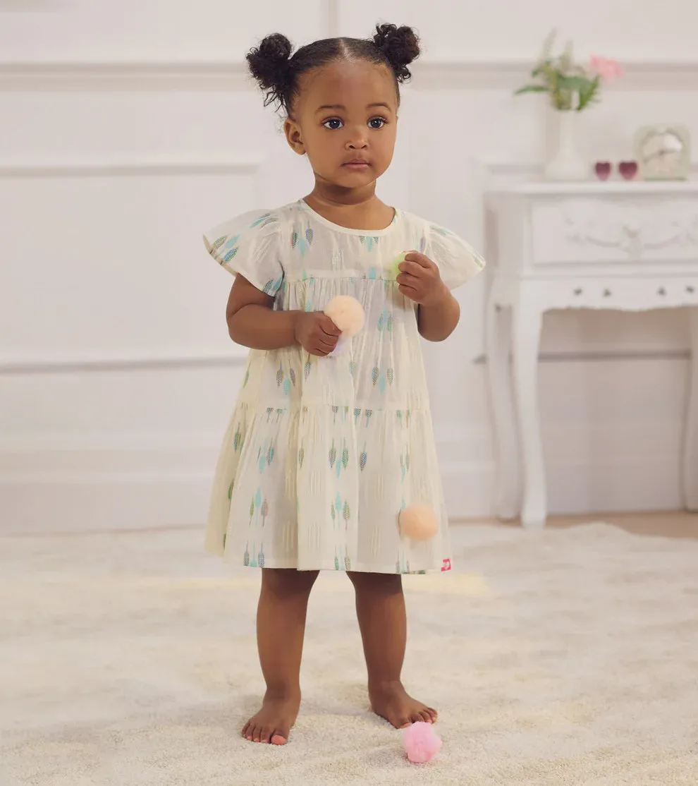 Blue Feather Woven Puff Dress