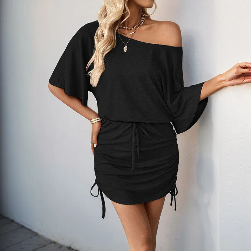 Casual Off-Shoulder Bodycon Dress with Adjustable Ruched Design