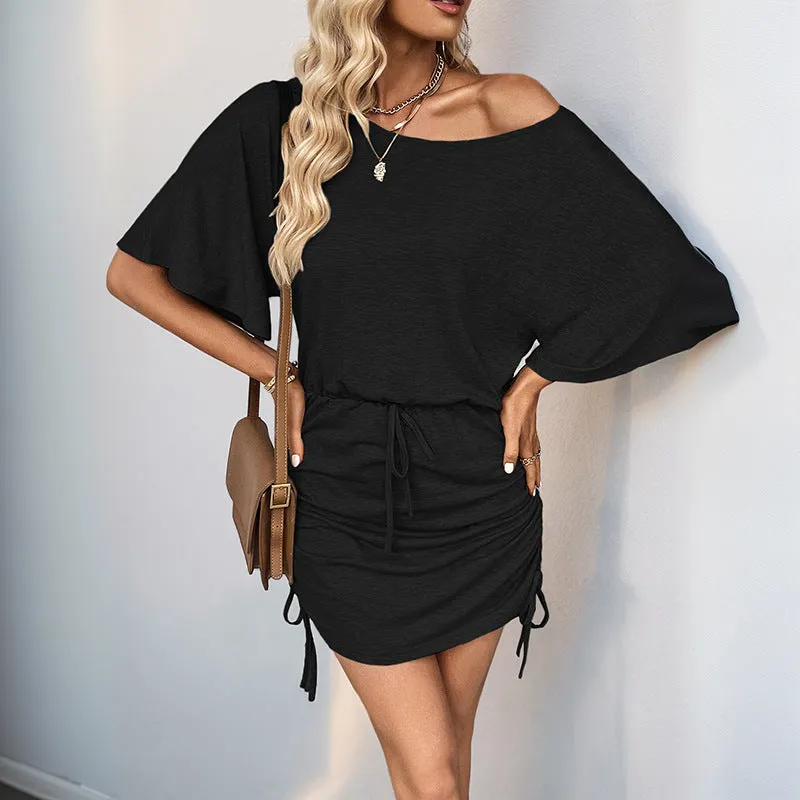Casual Off-Shoulder Bodycon Dress with Adjustable Ruched Design