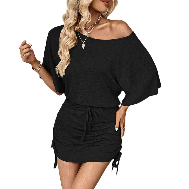 Casual Off-Shoulder Bodycon Dress with Adjustable Ruched Design