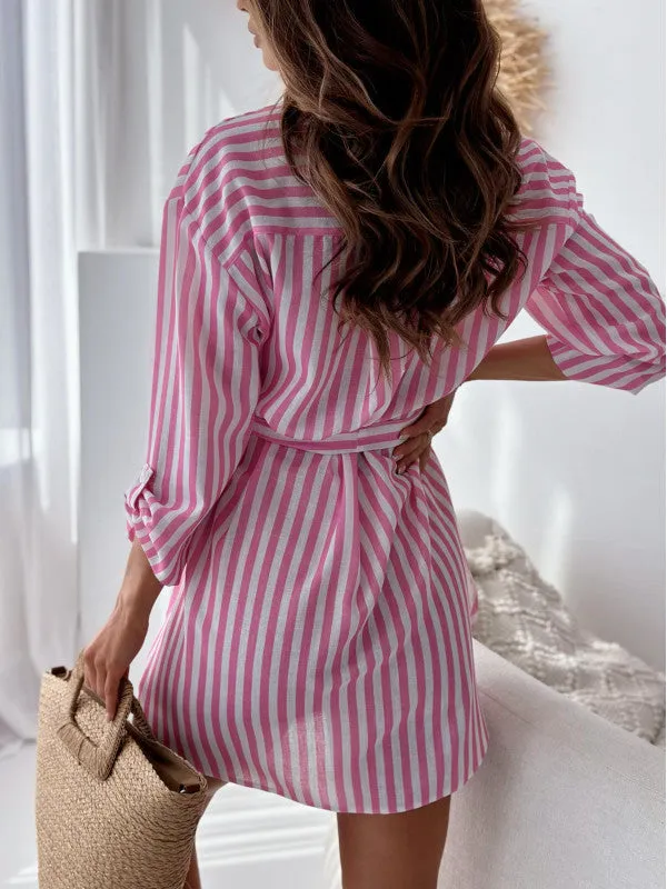 Chic Printed Button-Up Shirt Dress with Waist-Tie Belt