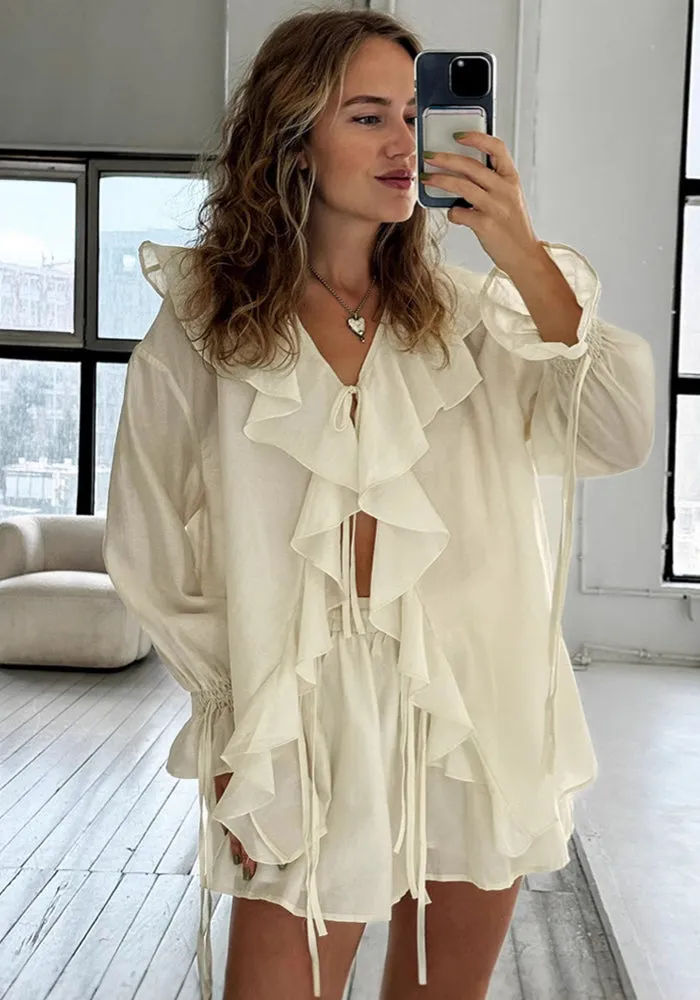 Chic Ruffled Lace-Up Blouse and Pocket Shorts Casual Two-Piece Set