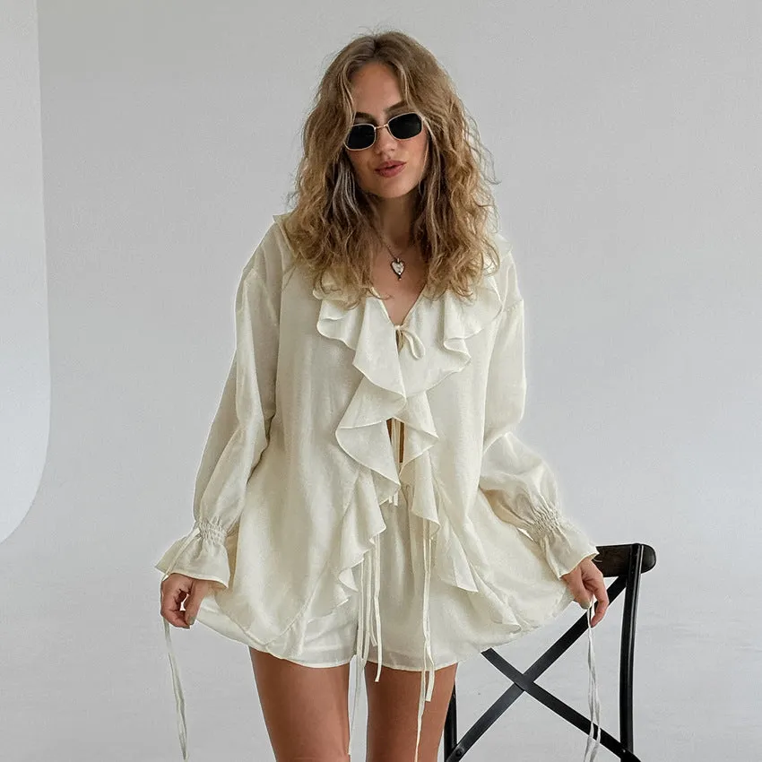 Chic Ruffled Lace-Up Blouse and Pocket Shorts Casual Two-Piece Set