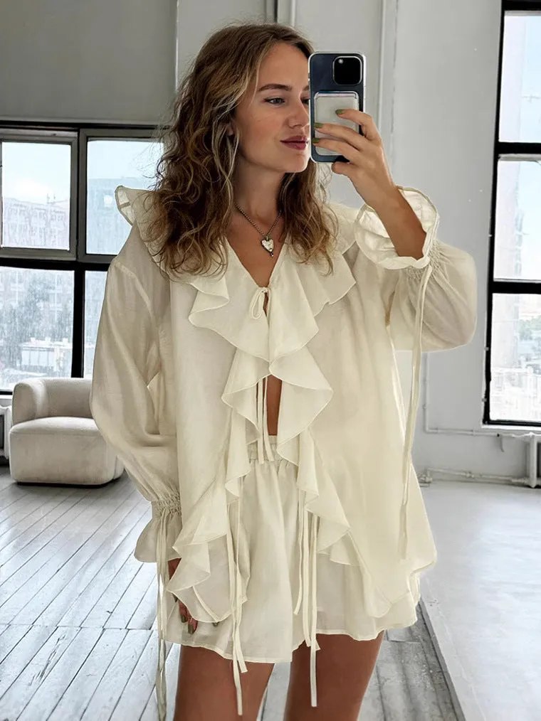 Chic Ruffled Lace-Up Blouse and Pocket Shorts Casual Two-Piece Set