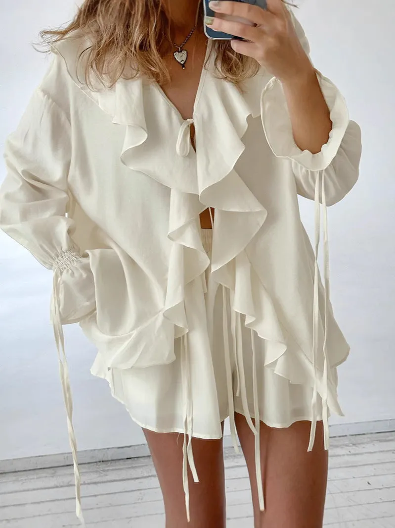 Chic Ruffled Lace-Up Blouse and Pocket Shorts Casual Two-Piece Set