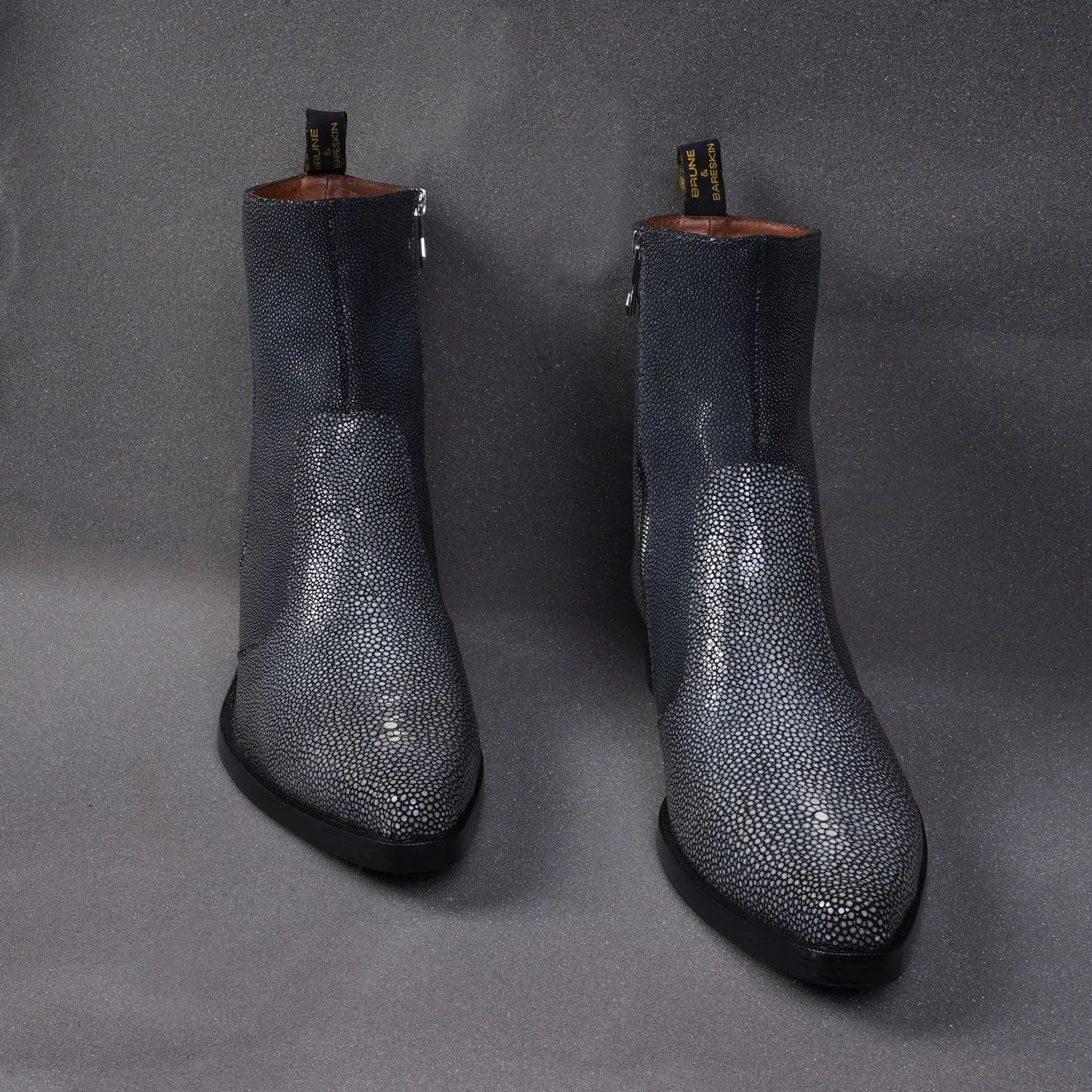 Cowboy Pointed-Toe Cuban-Heel Boot with Exotic Grey Caviar Stingray Fish Leather