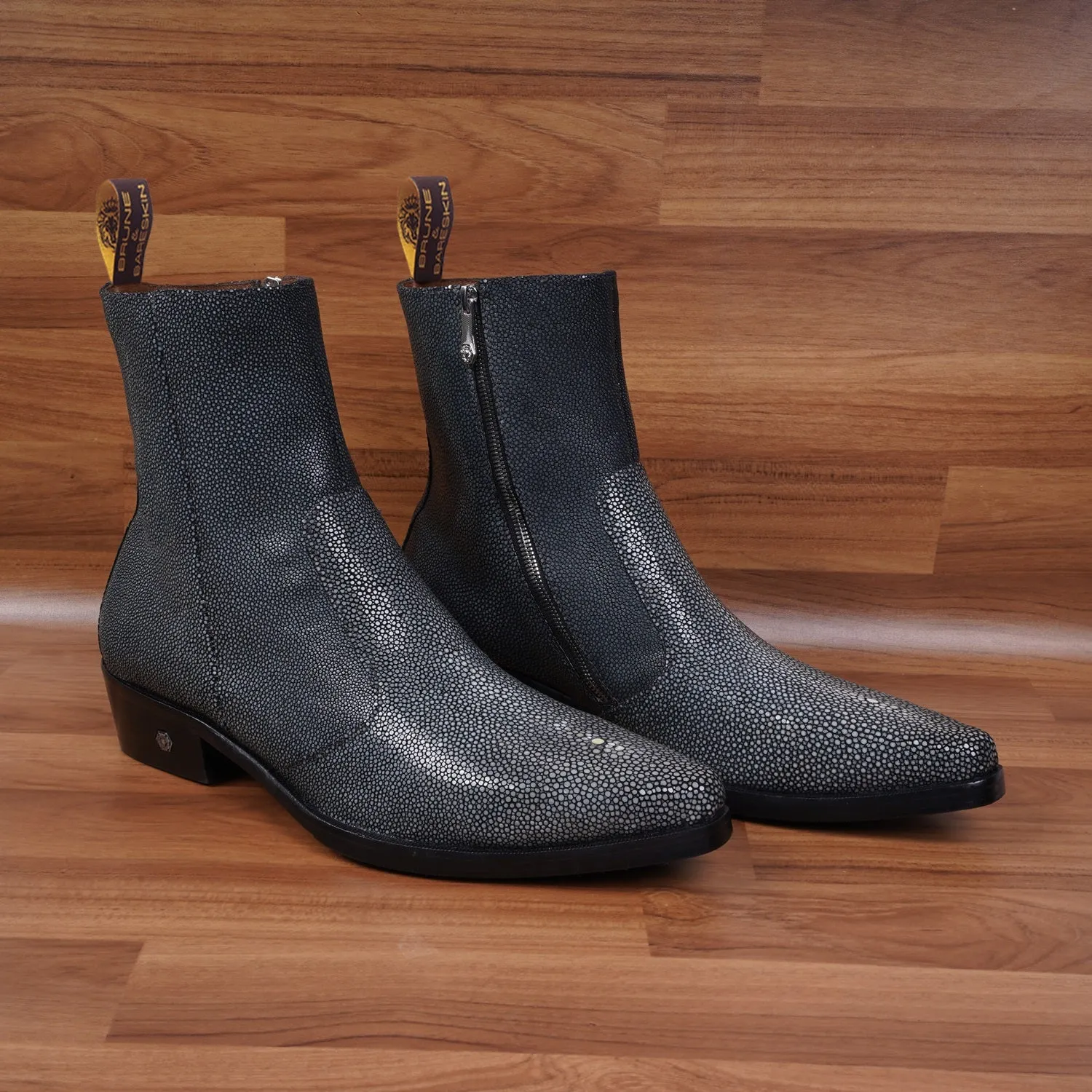 Cowboy Pointed-Toe Cuban-Heel Boot with Exotic Grey Caviar Stingray Fish Leather