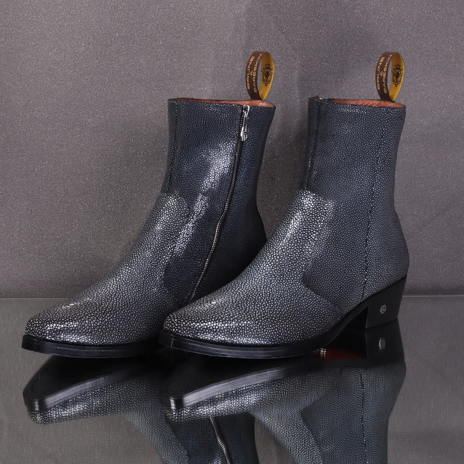 Cowboy Pointed-Toe Cuban-Heel Boot with Exotic Grey Caviar Stingray Fish Leather