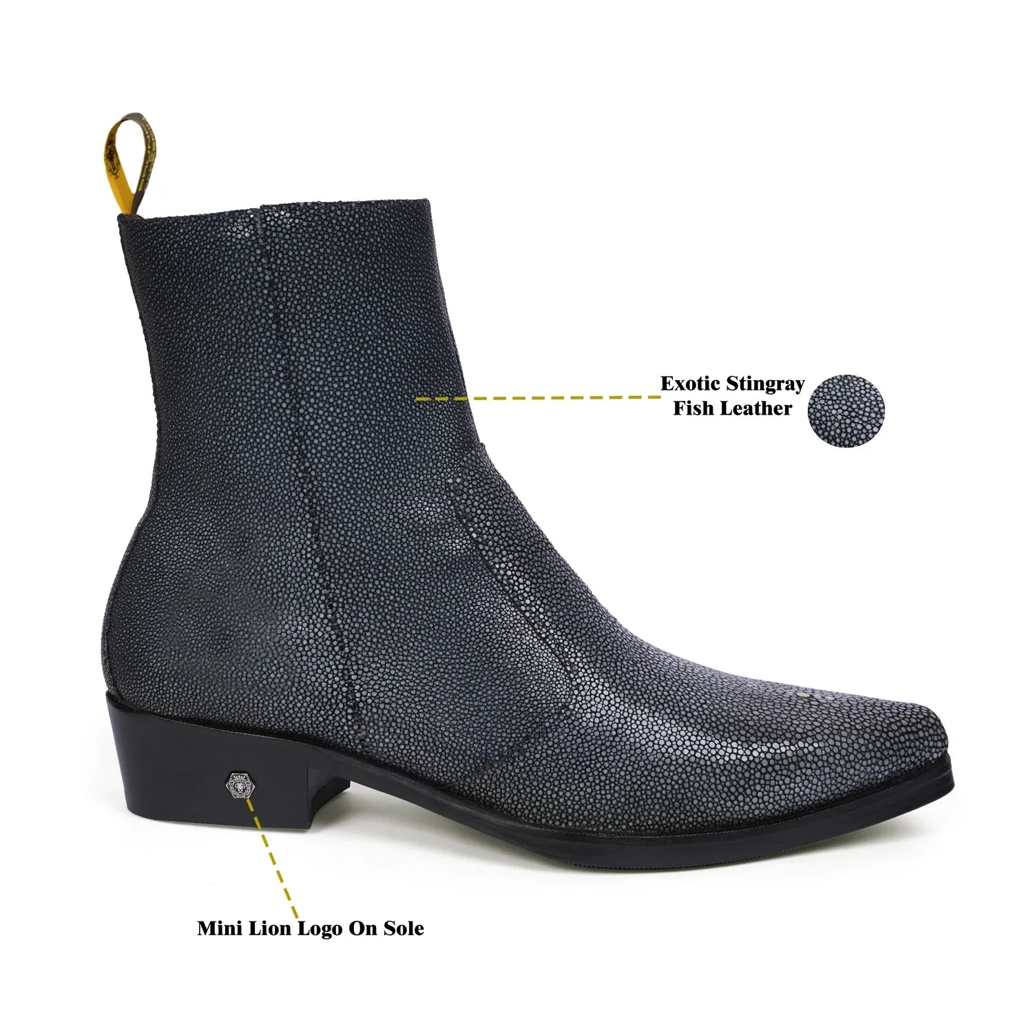Cowboy Pointed-Toe Cuban-Heel Boot with Exotic Grey Caviar Stingray Fish Leather