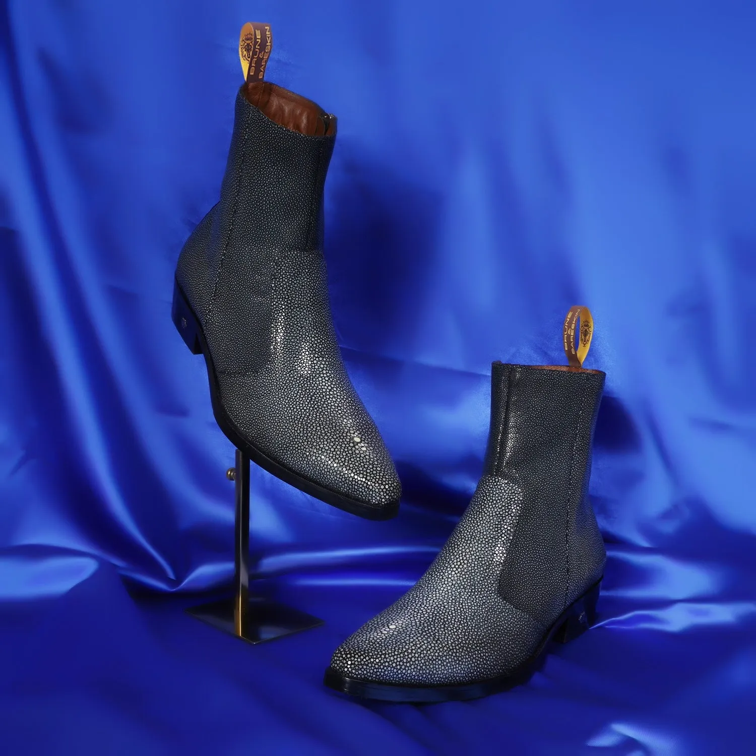 Cowboy Pointed-Toe Cuban-Heel Boot with Exotic Grey Caviar Stingray Fish Leather