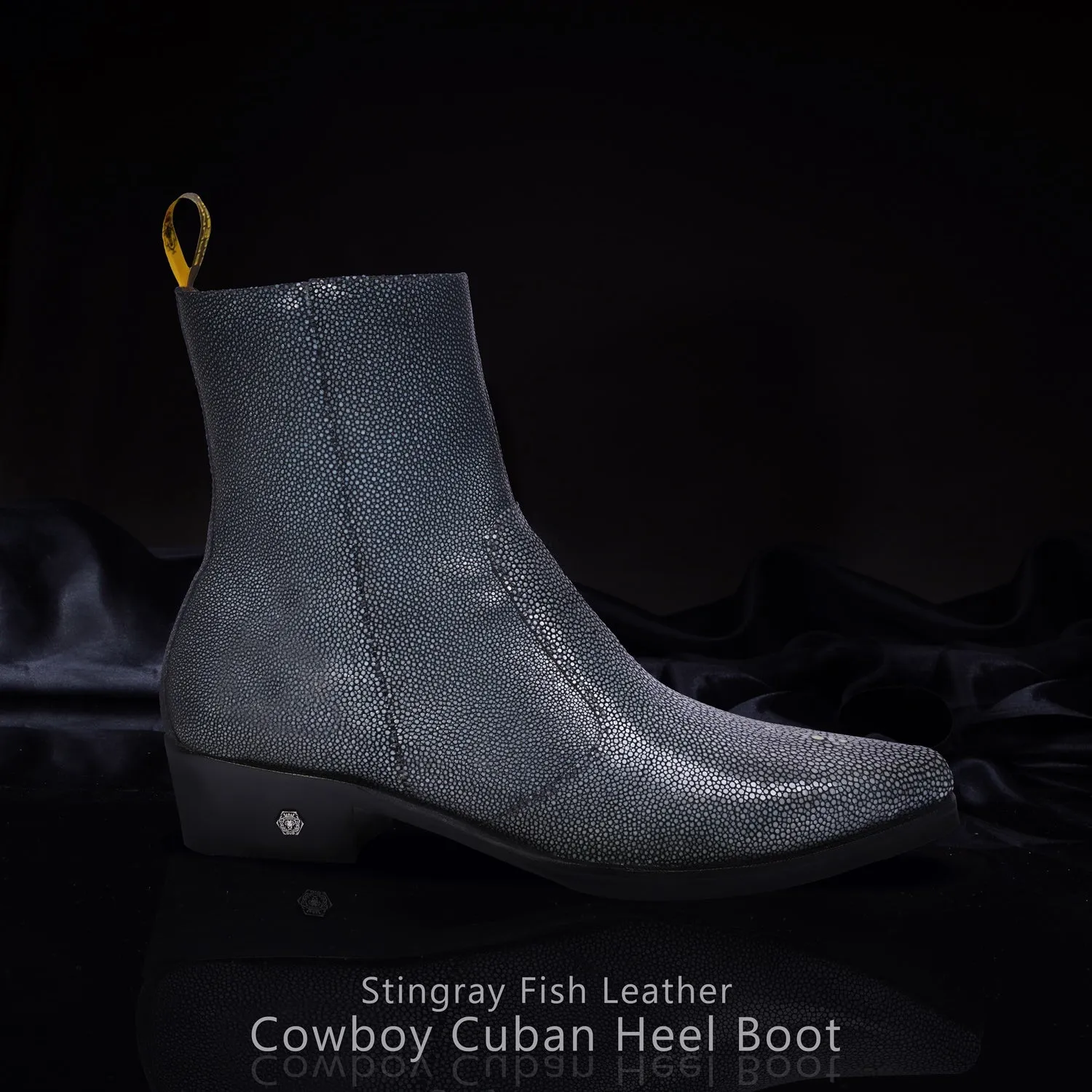 Cowboy Pointed-Toe Cuban-Heel Boot with Exotic Grey Caviar Stingray Fish Leather