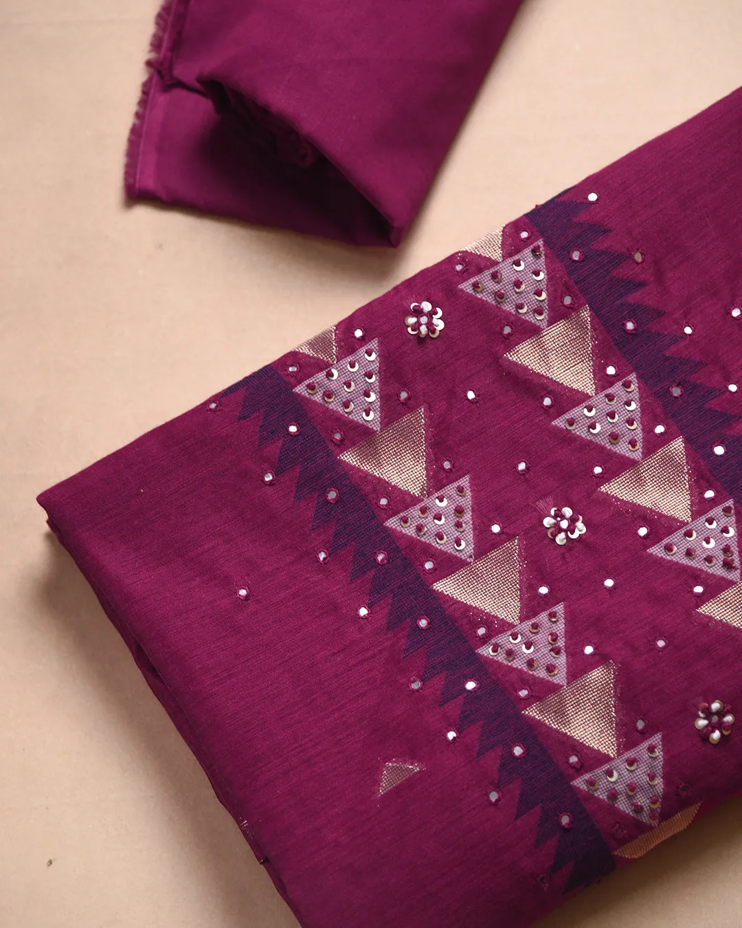 Deep Magenta Chanderi Woven With Embroidery Unstitched Suit Fabric Set With Chanderi Woven Dupatta