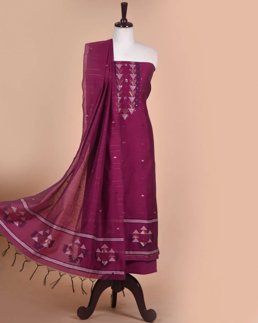 Deep Magenta Chanderi Woven With Embroidery Unstitched Suit Fabric Set With Chanderi Woven Dupatta