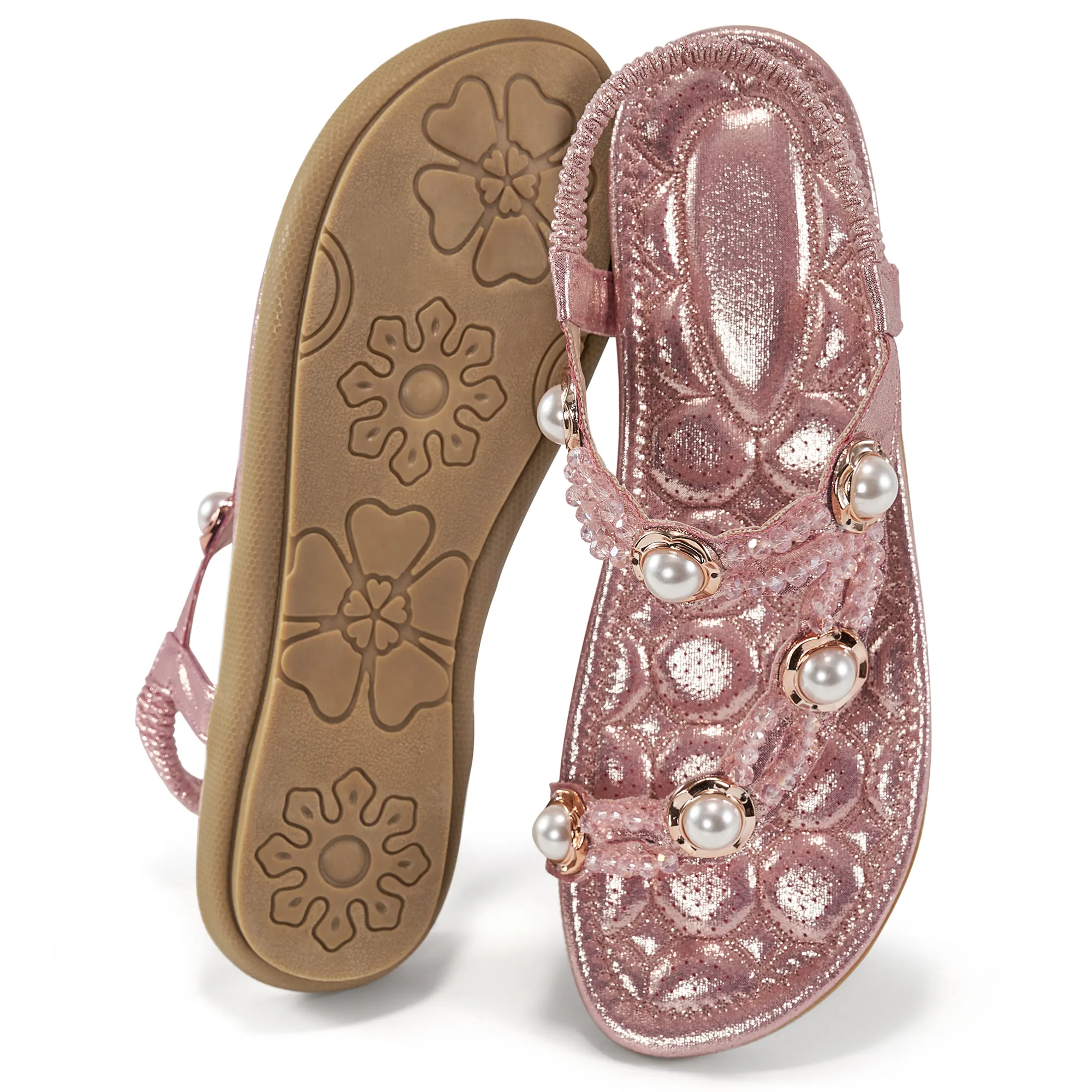 Ecetana Womens Flat Sandals Rhinestone Pearl Beach Sandals Clip Toe Summer Sandals for Women