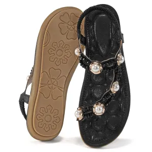 Ecetana Womens Flat Sandals Rhinestone Pearl Beach Sandals Clip Toe Summer Sandals for Women