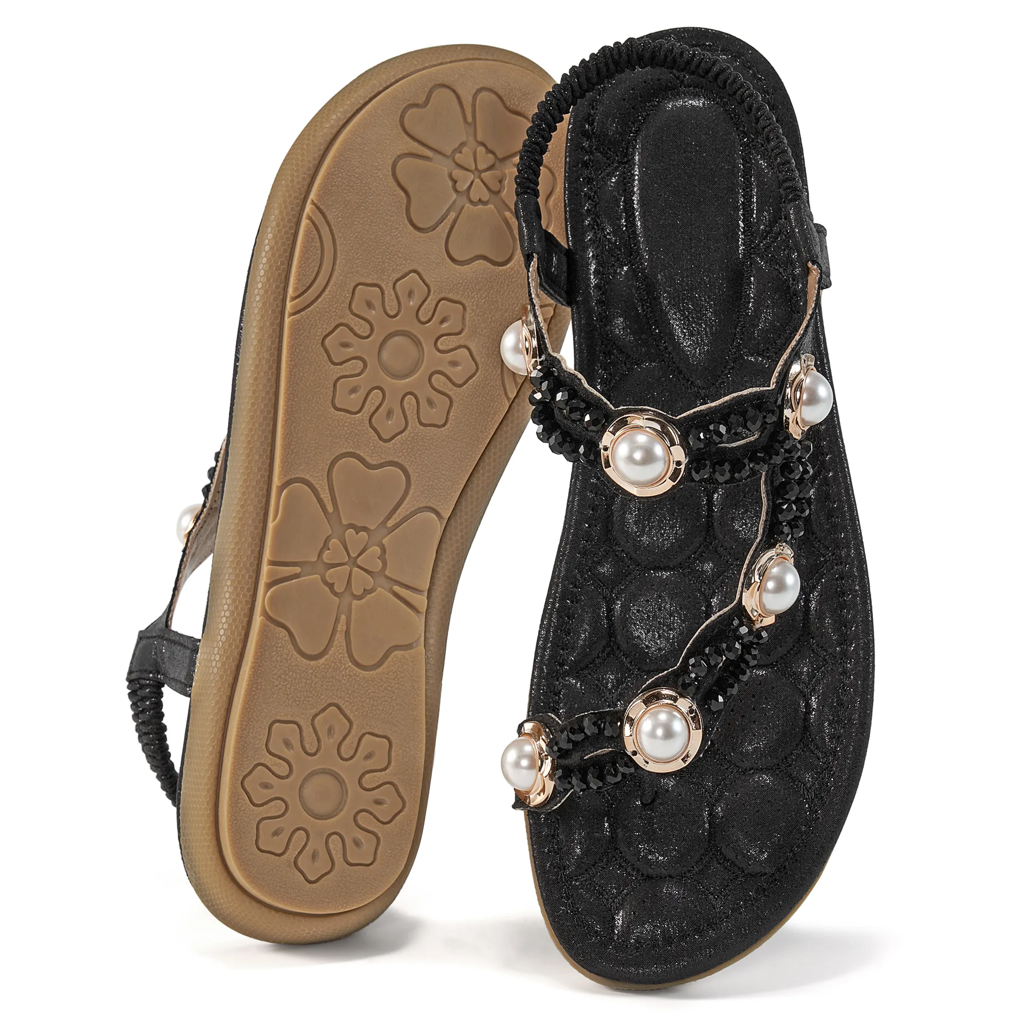Ecetana Womens Flat Sandals Rhinestone Pearl Beach Sandals Clip Toe Summer Sandals for Women