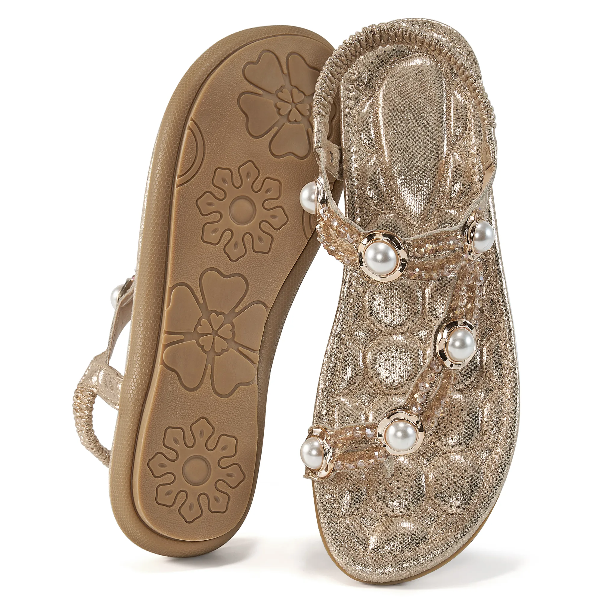 Ecetana Womens Flat Sandals Rhinestone Pearl Beach Sandals Clip Toe Summer Sandals for Women