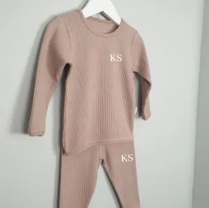 Embroidered Ribbed Mocha Lounge Set