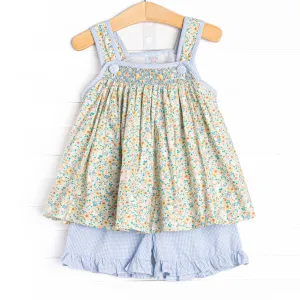 Honeysuckle Spring Smocked Ruffle Short Set, Blue