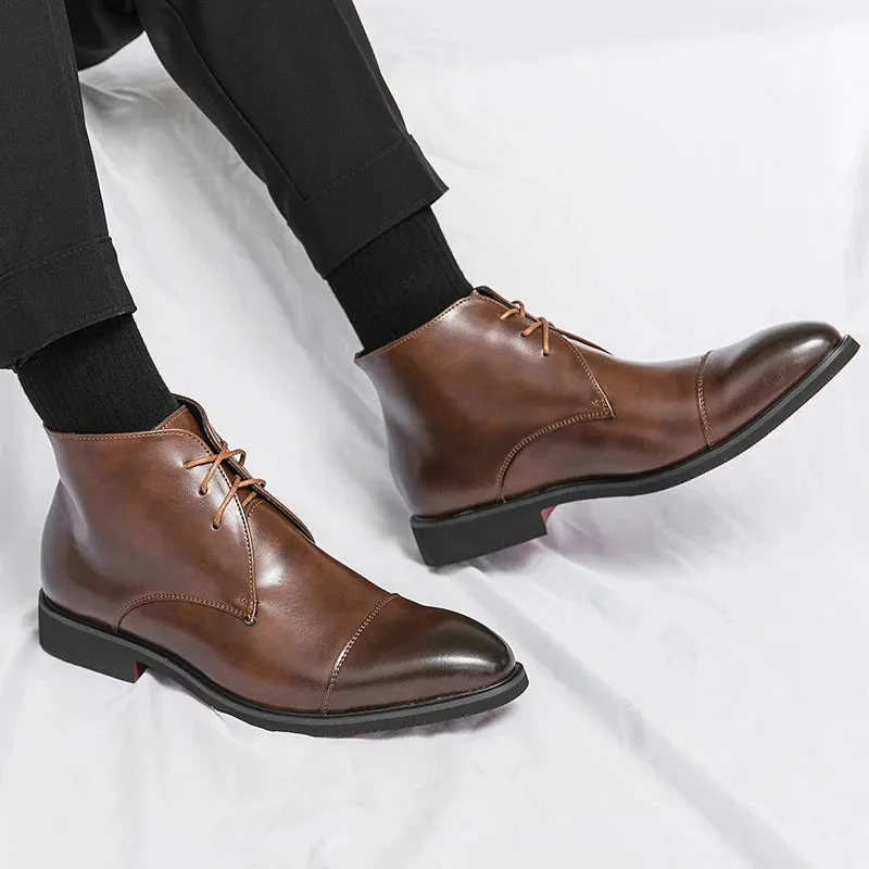 Luxury Leather Men Boots Solid Simplicity Pointed Toes Dress Leather Boots Men Fashion High Top Boots Party Mes Shoes Business