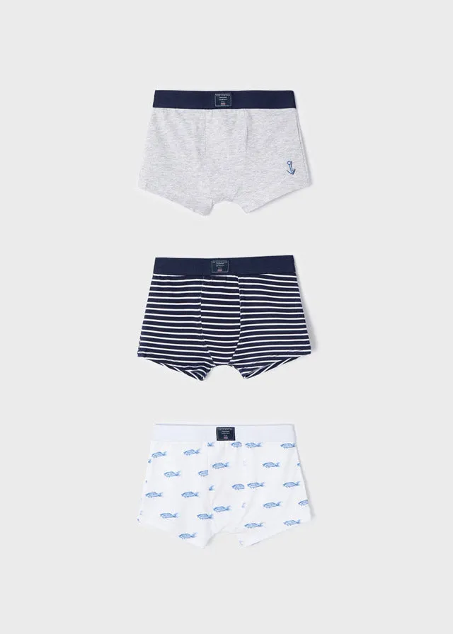Mayoral Boxer Briefs Grey/Black Stripes/Fish (3 pack) : Sizes 2 to 16