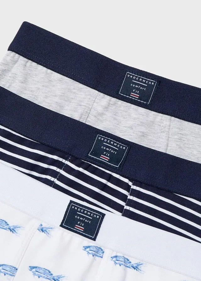 Mayoral Boxer Briefs Grey/Black Stripes/Fish (3 pack) : Sizes 2 to 16