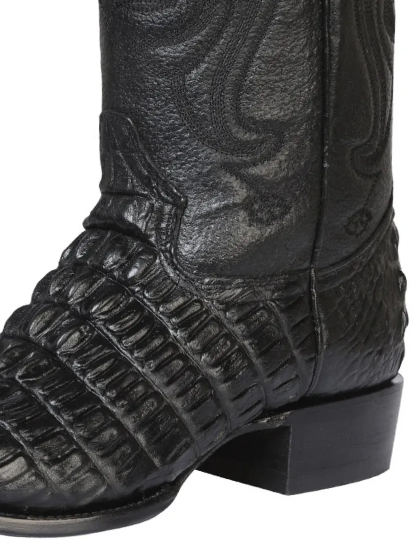 Men's Caiman Tail Print Cow Leather Cowboy Boots 'El Señor de los Cielos' Black Color 40842