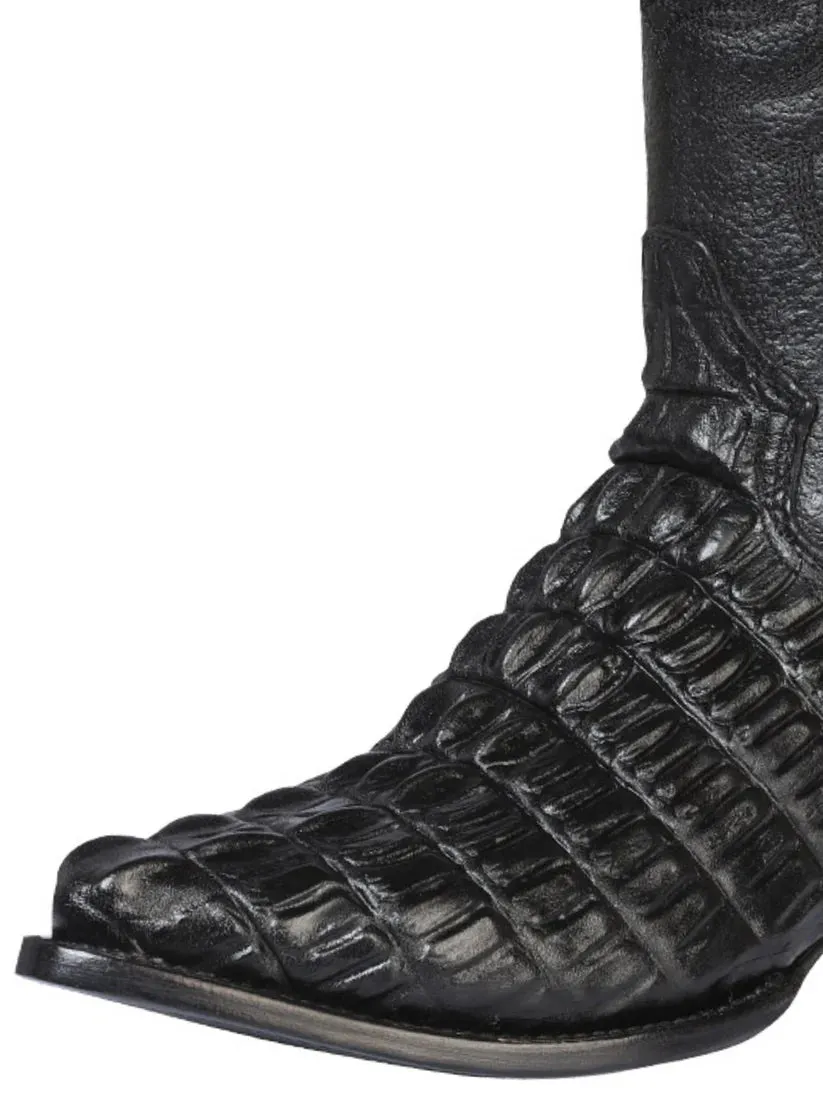 Men's Caiman Tail Print Cow Leather Cowboy Boots 'El Señor de los Cielos' Black Color 40842