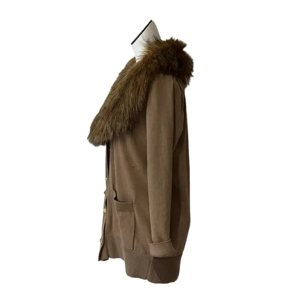 NWT Michael Kors Faux Fur Collar Cotton Blend Cardigan Sweater Medium