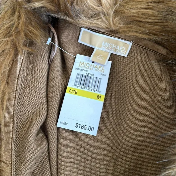 NWT Michael Kors Faux Fur Collar Cotton Blend Cardigan Sweater Medium