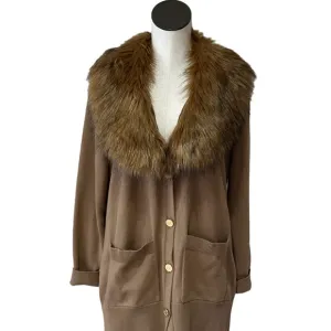 NWT Michael Kors Faux Fur Collar Cotton Blend Cardigan Sweater Medium
