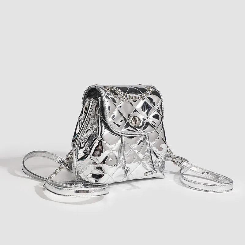Patent Leather Glossy Diamond Embroidery Thread Backpack Trendy Chain Backpack Mini Student Small Schoolbag