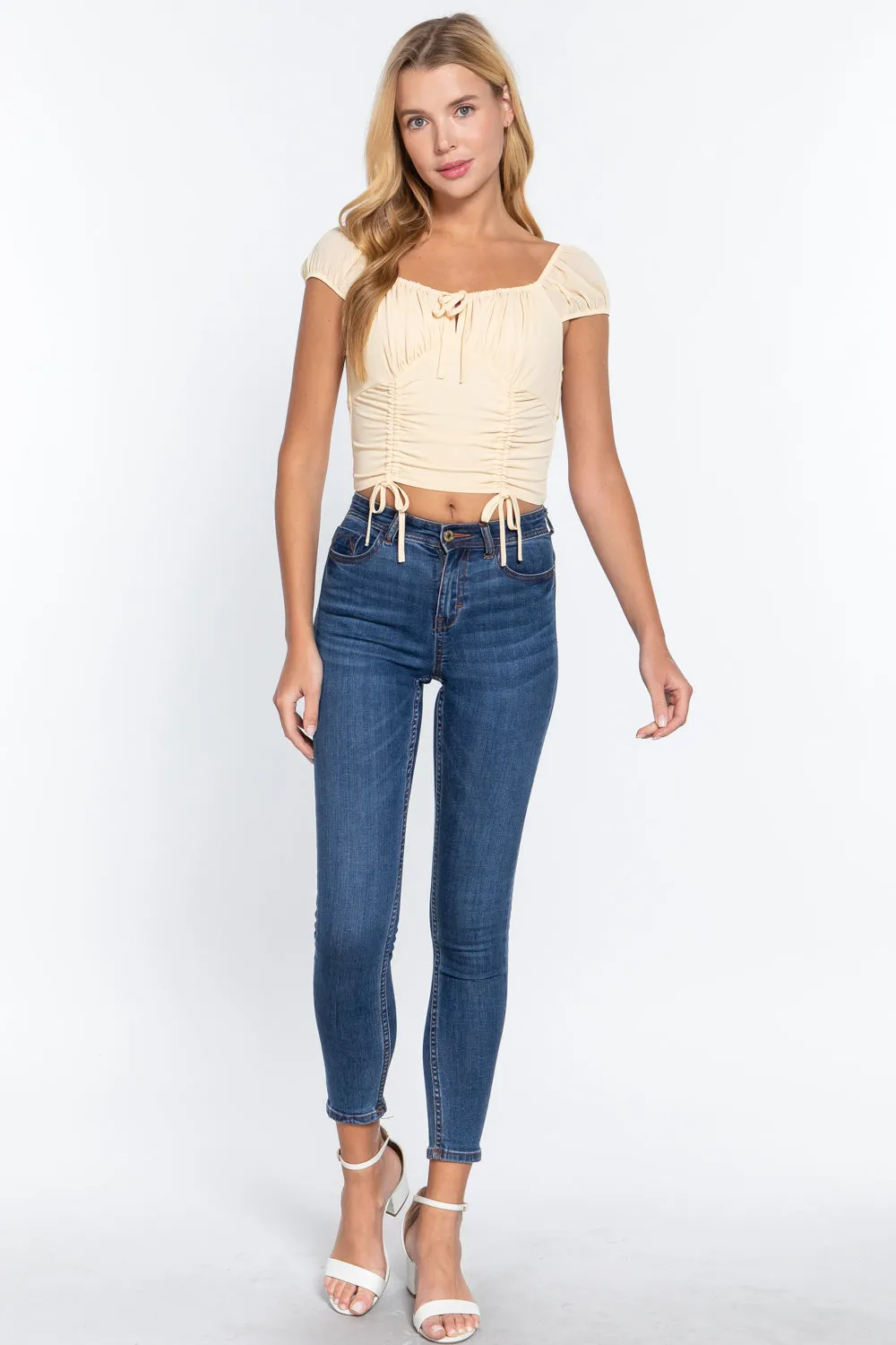 Short Sleeve Front Tie Ruched Detail Woven Top Yellow