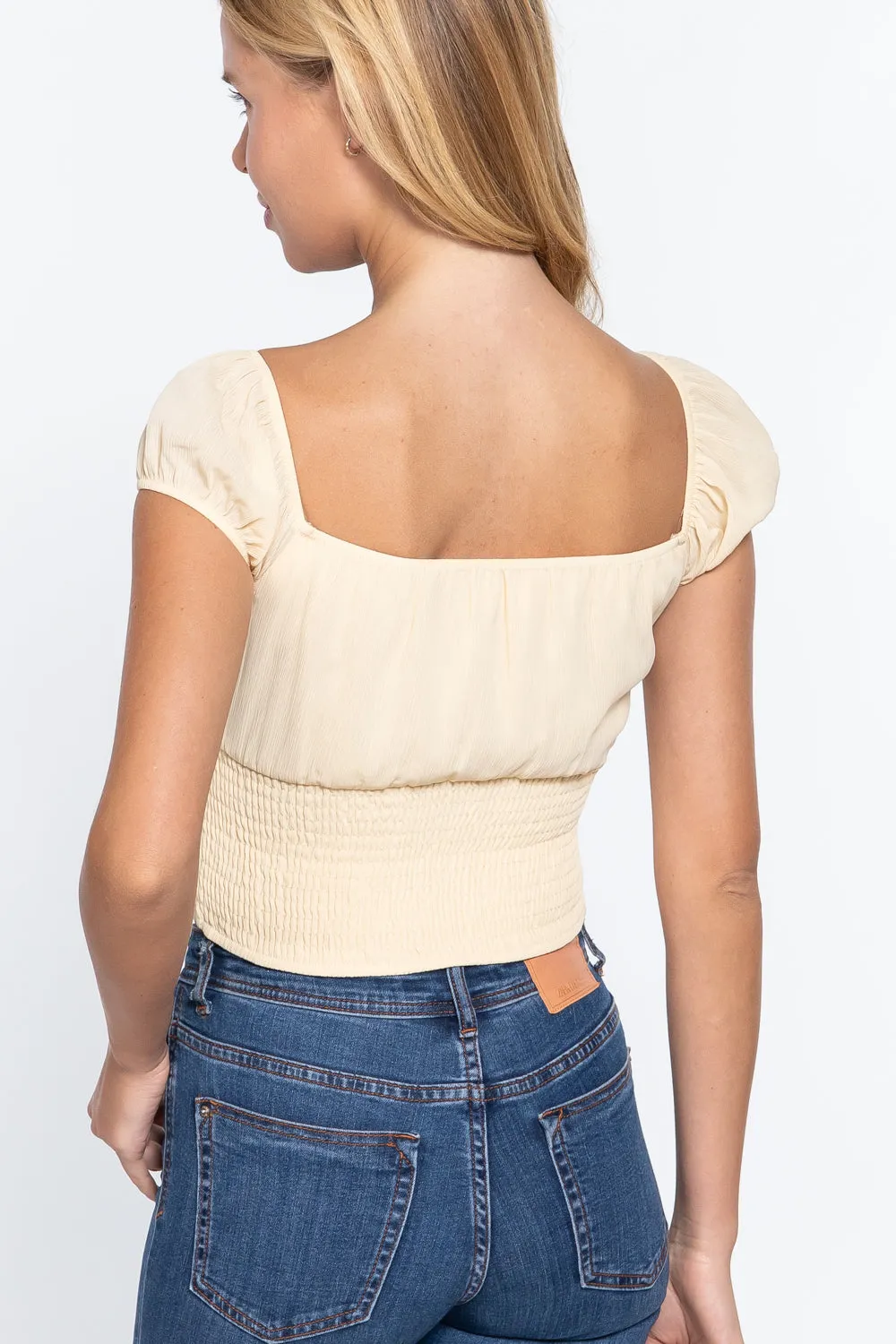 Short Sleeve Front Tie Ruched Detail Woven Top Yellow
