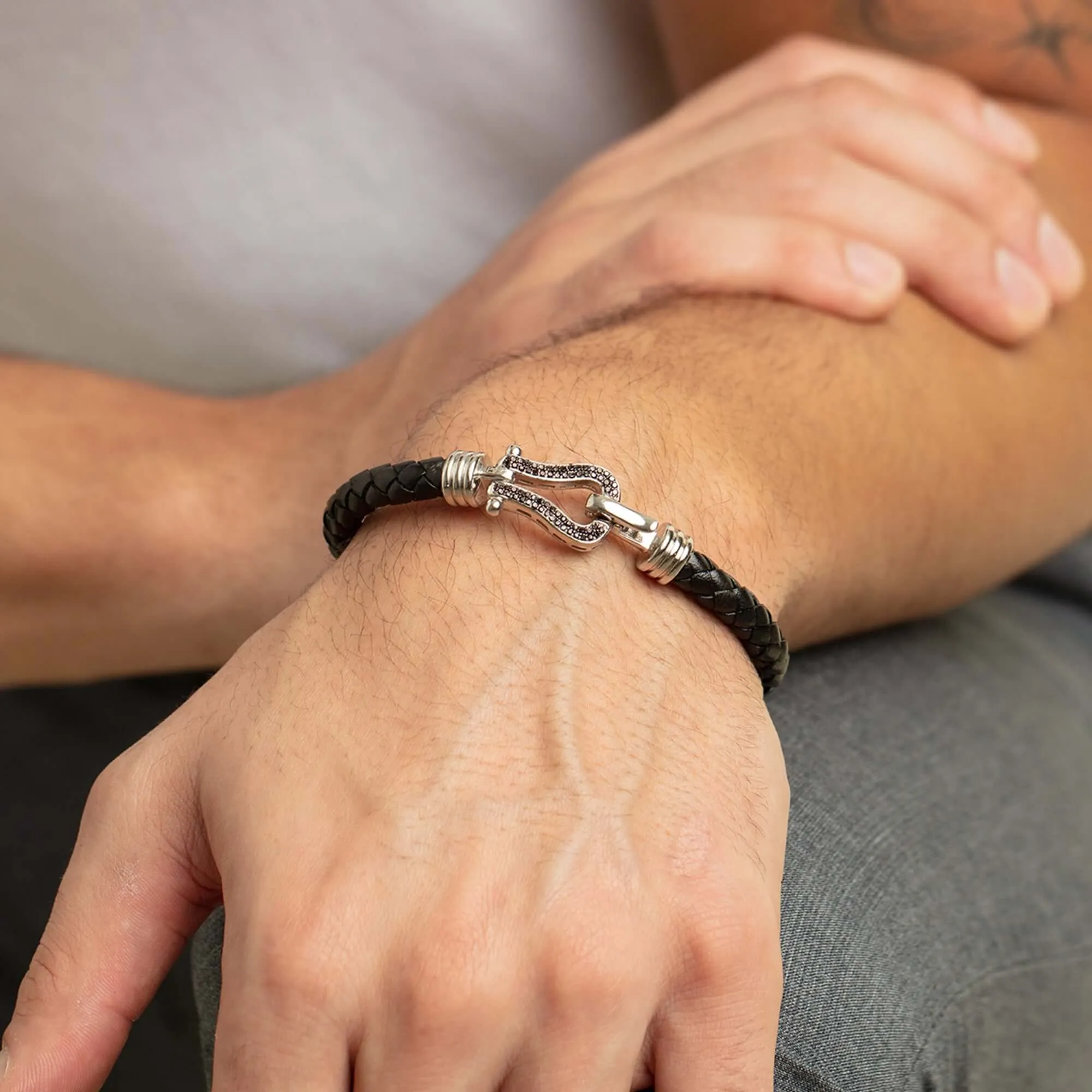 Silver & Black Diamond Buckle Bracelet on Leather