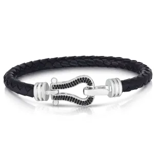 Silver & Black Diamond Buckle Bracelet on Leather