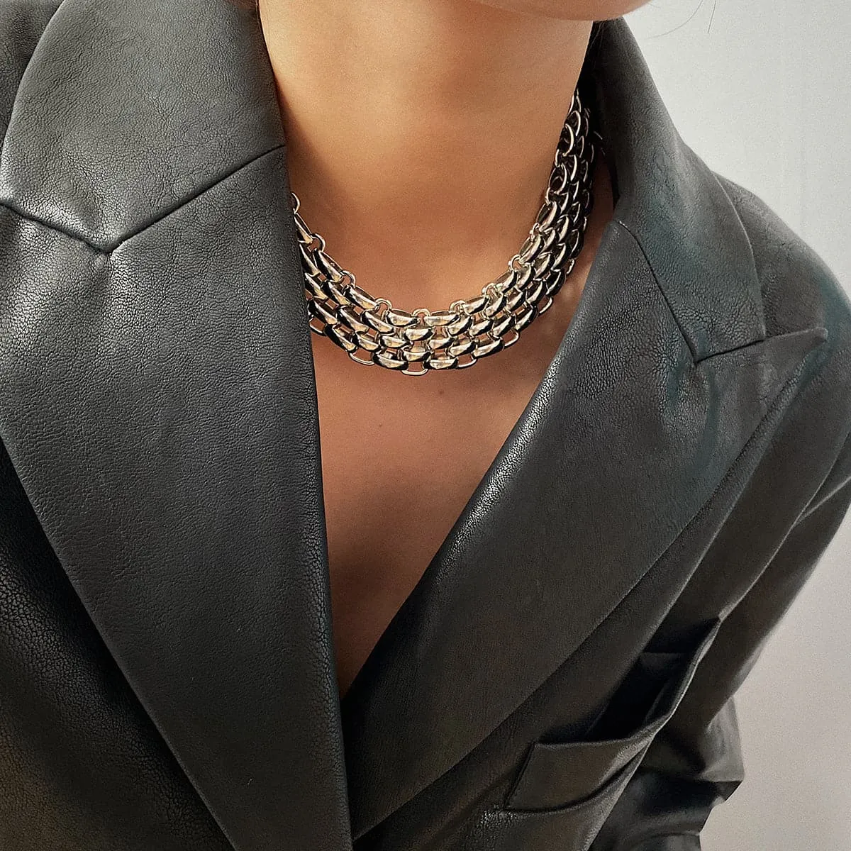 Silver-Plated Five-Row Chain Link Choker Necklace