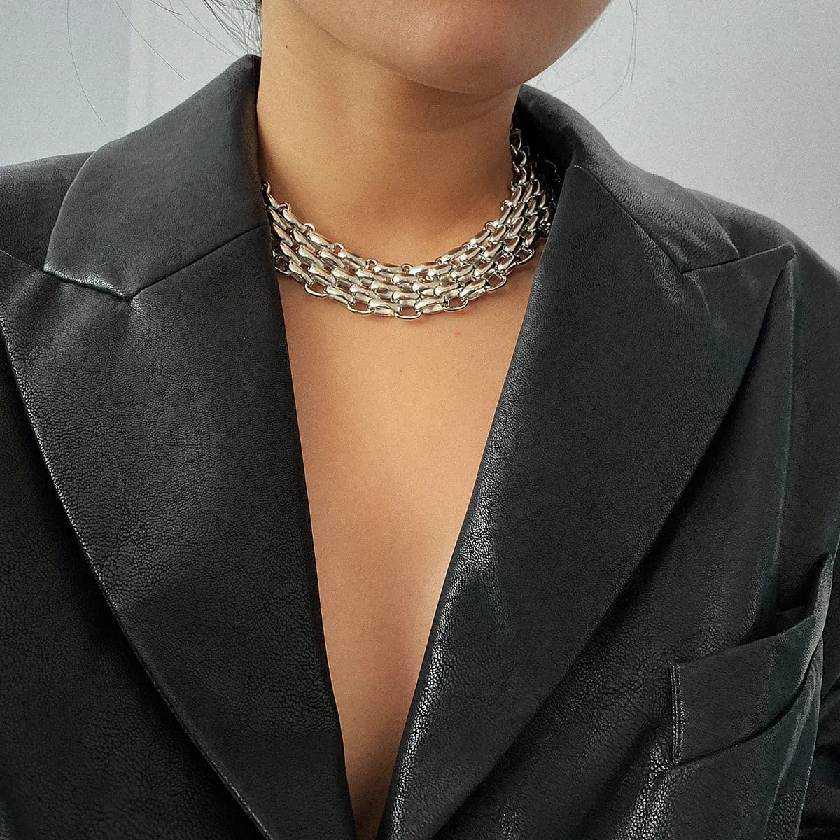 Silver-Plated Five-Row Chain Link Choker Necklace