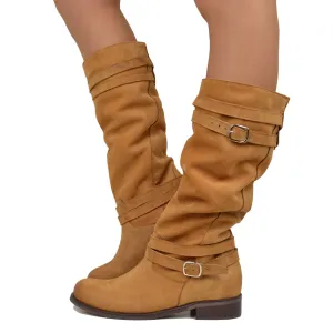 Stivali Donna Camperos Alti in Pelle Vintage Sfumata Cuoio