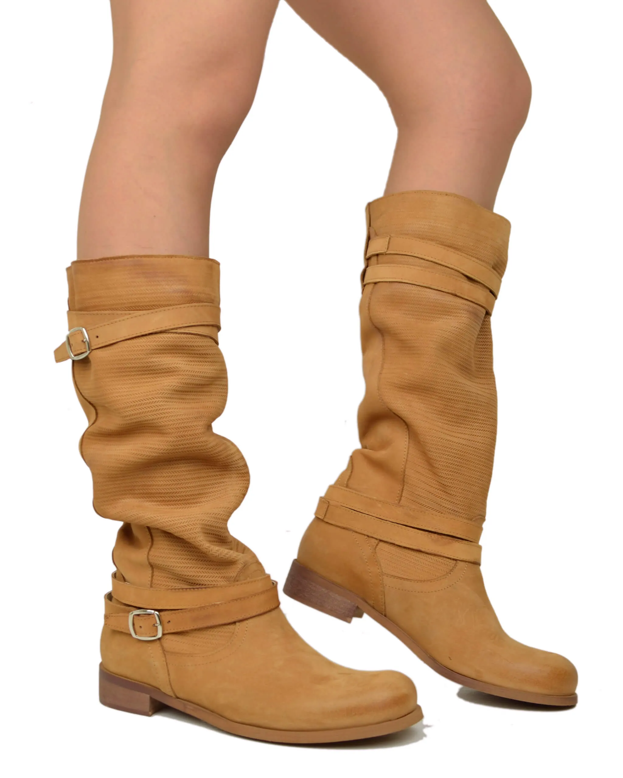 Stivali Estivi Donna in Pelle Nabuk Vintage Zigrinati Marroni