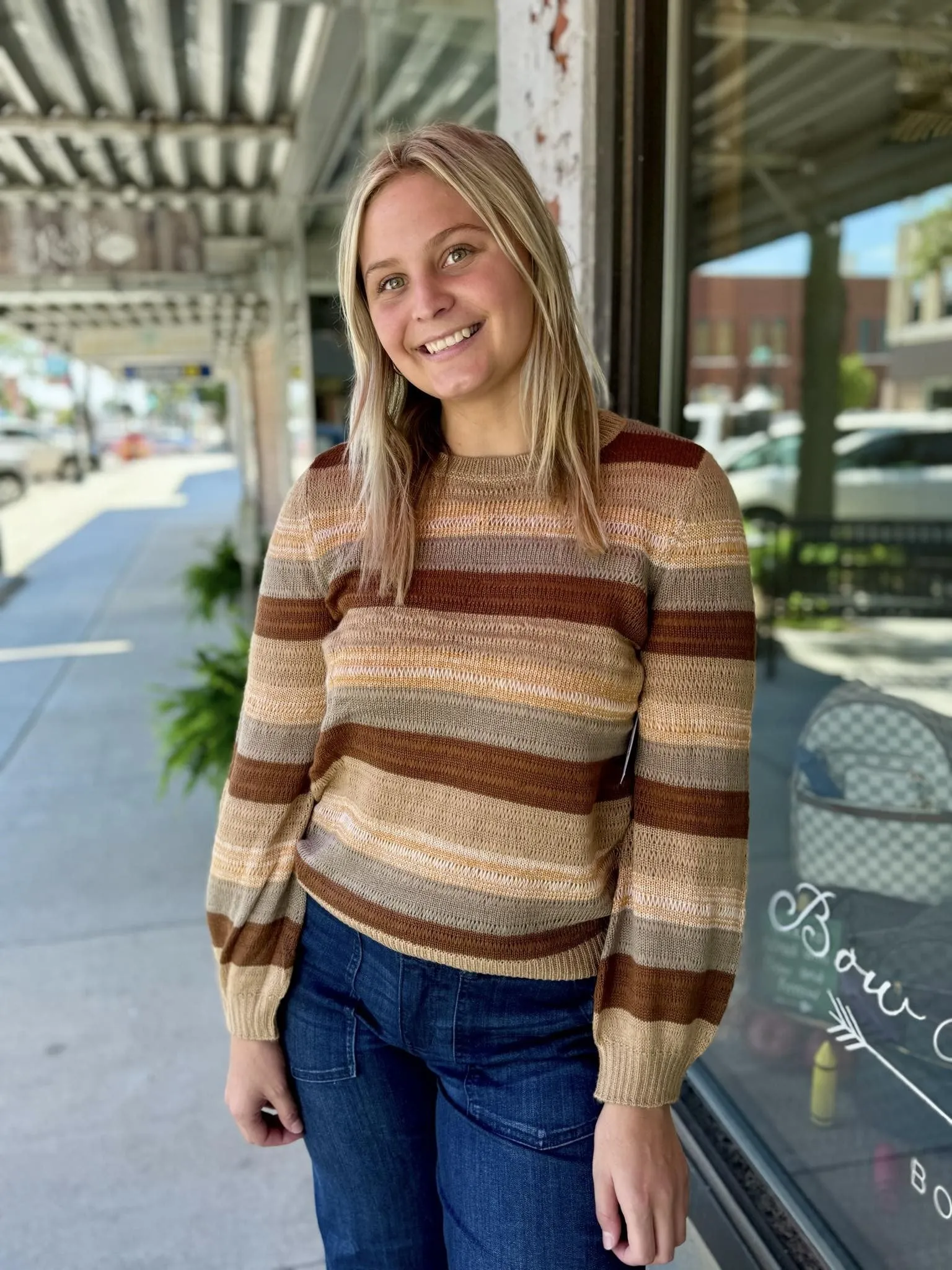 Striped Woven Pattern Long Slv Crew Neck Sweater