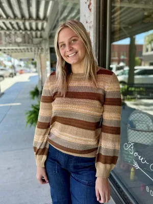 Striped Woven Pattern Long Slv Crew Neck Sweater