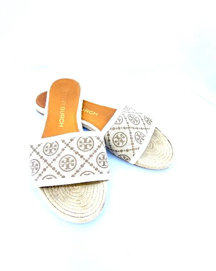 TORY BURCH BEIGE T MONOGRAM WOVEN SLIDES