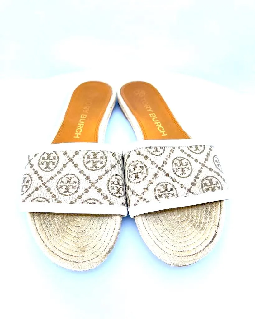 TORY BURCH BEIGE T MONOGRAM WOVEN SLIDES
